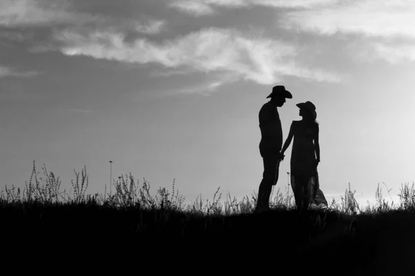 Mycket Fin Siluett Ett Par Förälskade Vid Solnedgången — Stockfoto