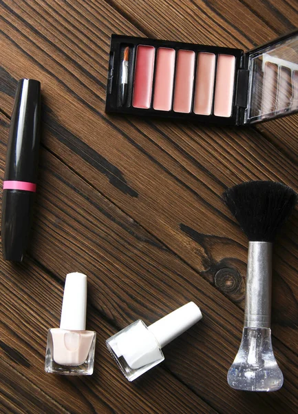 Een Andere Vrouwelijke Cosmetica Houten Ondergrond — Stockfoto