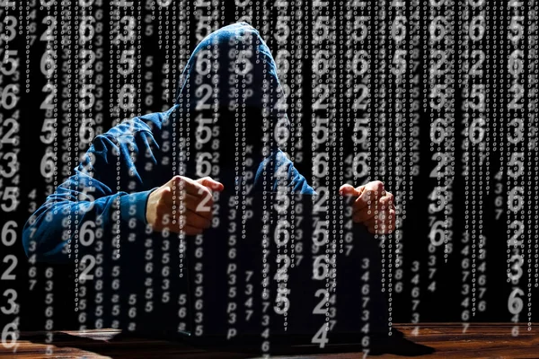 Hacker Con Laptop Codice Binario Astratto — Foto Stock