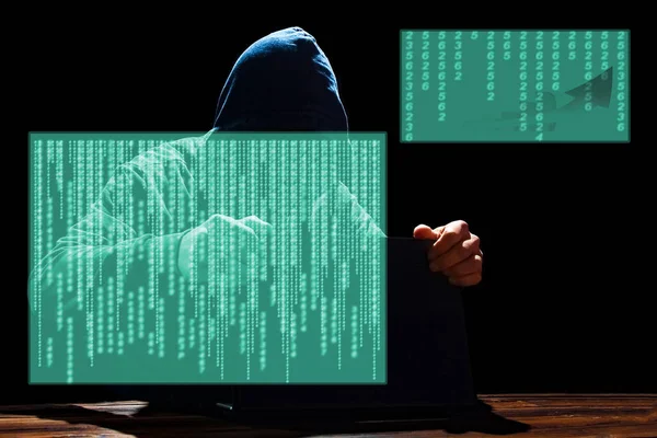 Hacker Con Laptop Codice Binario Astratto — Foto Stock