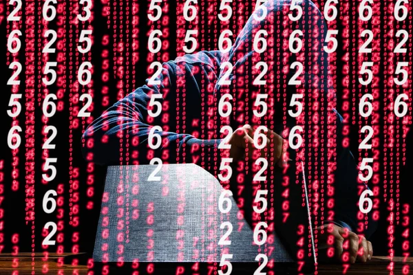 Hacker Com Laptop Código Binário Abstrato — Fotografia de Stock