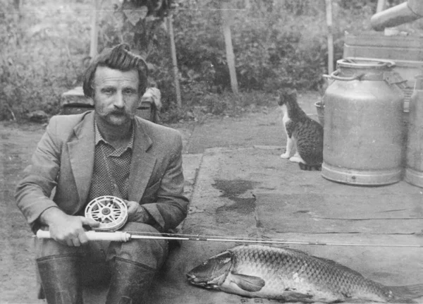 Viejo Fotógrafo Vintage Con Caña Pescar — Foto de Stock