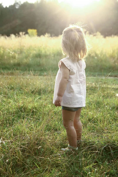 Mignonne Petite Fille Heureuse Marche Dans Nature — Photo