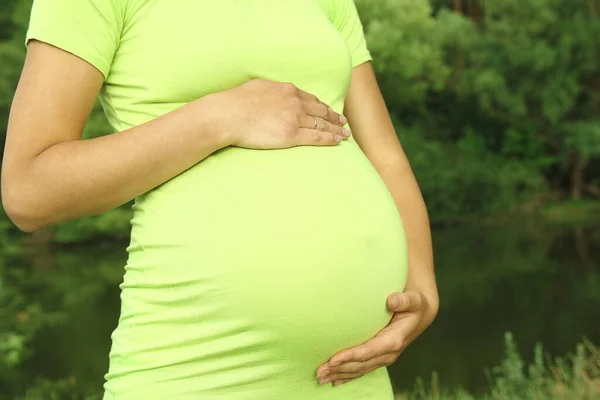 Buik Van Een Zwangere Vrouw Natuur — Stockfoto