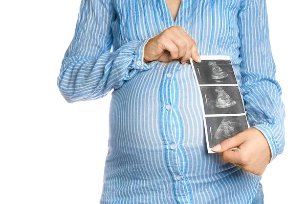 快乐的怀孕女孩 手上拿着超声波 背景为白色 对妇女和儿童的积极保护 — 图库照片