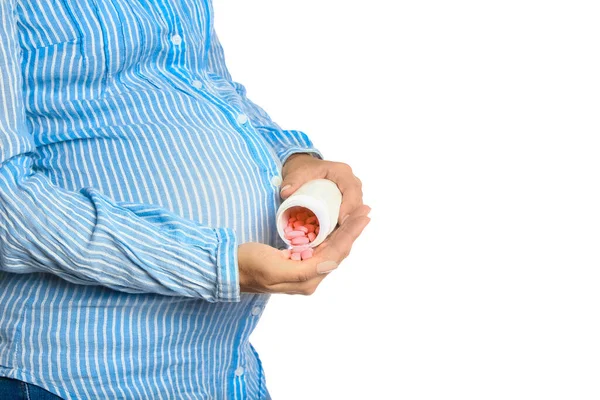 Šťastná Těhotná Dívka Vitamíny Pilulky Rukou Bílém Pozadí Pozitivní Ochrana — Stock fotografie