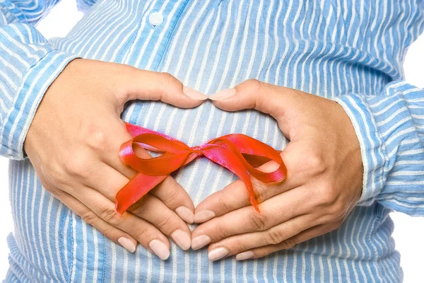 Happy Pregnant Girl White Background Hands Girl Heart Her Stomach — Stock Photo, Image