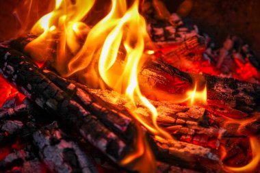 Kömürlü ateş ve doğa pikniğinde ateş. Sokaklarda yemek için şenlik ateşi yakıyor.
