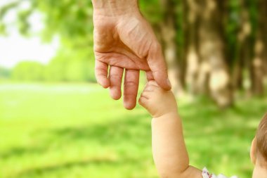 Baba, parkta küçük bir çocuğun elini tutuyor. Doğada tatilde.