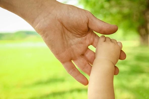 Ojciec Trzyma Rękę Małego Dziecka Parku Tle Wakacje Natury — Zdjęcie stockowe