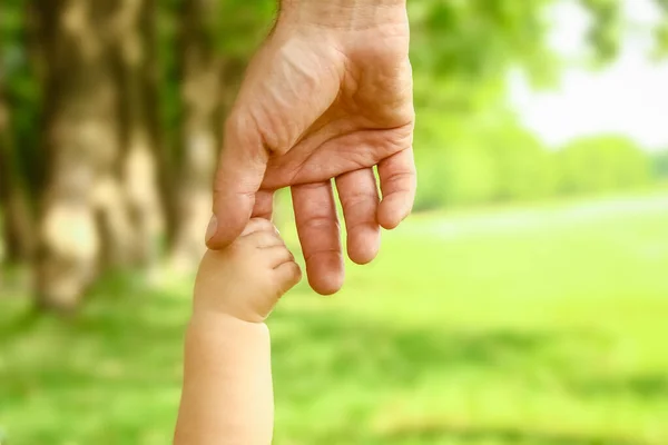 Père Tient Main Petit Enfant Dans Parc Sur Backgroun Vacances — Photo