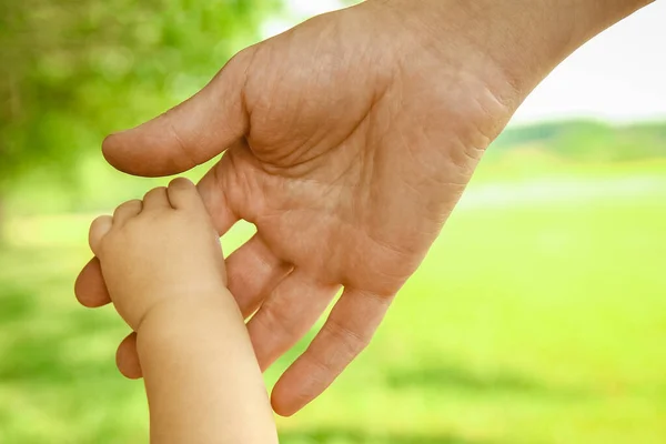 Father Holds Hand Small Child Park Nature Vacation Background — Stock Photo, Image