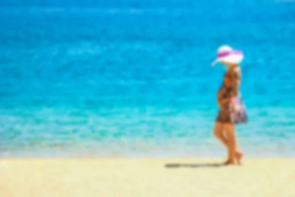 Girl Sand Sea Background Happy Woman Hat Vacation Traveling — Stock Photo, Image