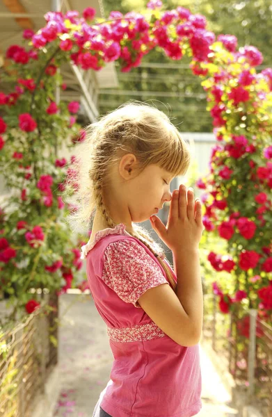 little girl pray on nature with rose