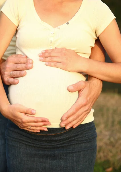 Vientre Una Mujer Embarazada Naturaleza Par Manos — Foto de Stock