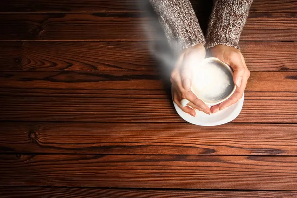 Female Hands Coffee Wooden Background — Stock Photo, Image