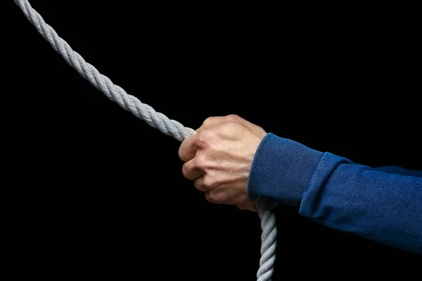 Hands Rope Black Background Man Pulls Rope Wrestling Drag Business — Stock Photo, Image