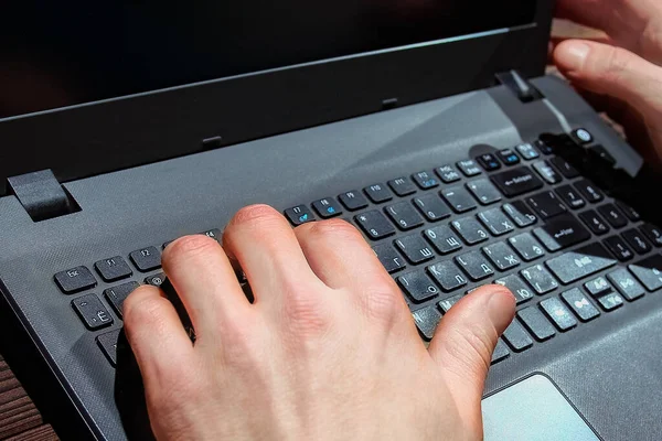 Hacker Laptop Sits Table Abstract Binary Code Business Life Threat — Stock Photo, Image