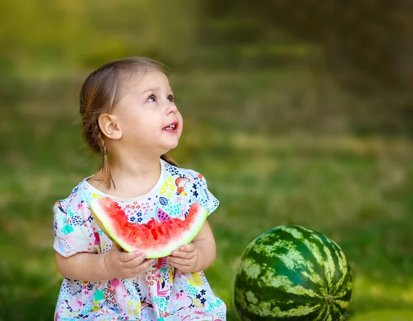 Bambino Felice Con Anguria Sulla Natura Nel Parco — Foto Stock