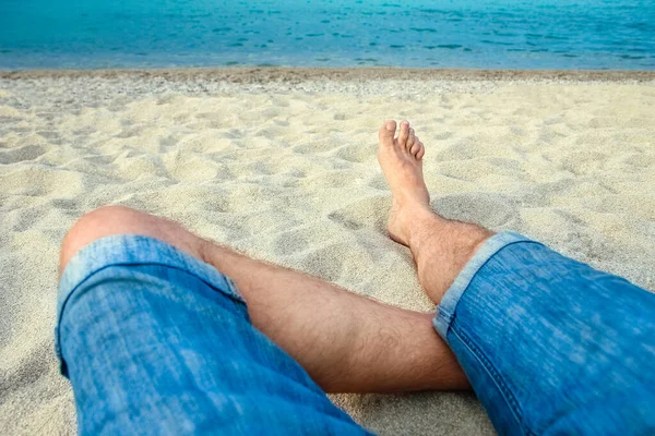 Beautiful Legs Sand Sea Greece Background — Stock Photo, Image