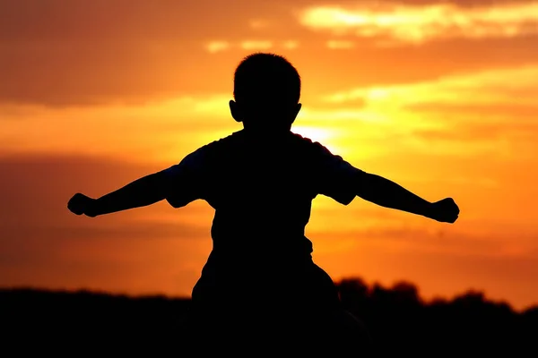 Gelukkig Vader Met Een Kind Het Park Buiten Silhouet — Stockfoto