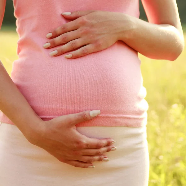 Mooie Buik Van Een Zwangere Vrouw Natuur — Stockfoto