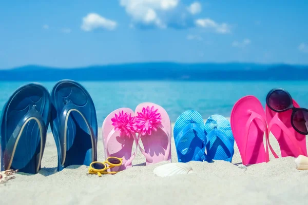 美丽的拖鞋在海边的沙滩上 在大自然的衬托下 — 图库照片