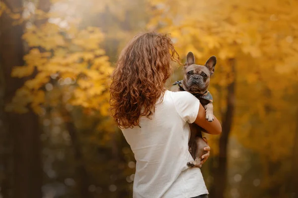 Francia bulldog és tulajdonos szabadban ősszel — Stock Fotó
