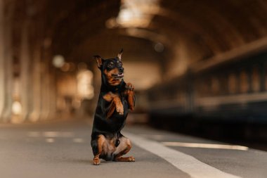 Tren istasyonunda yalvaran mutlu sadık köpek.