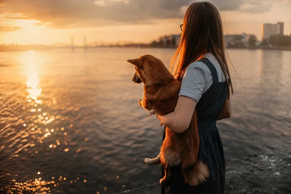 Femme tenant un chien dans ses bras regardant le coucher du soleil près de la rivière — Photo