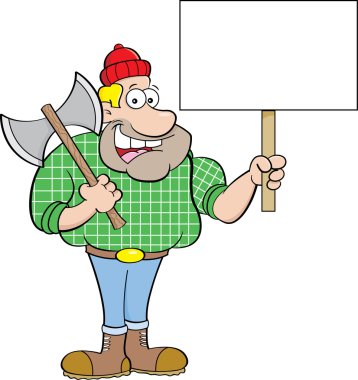 Bir işaret tutan karikatür oduncu.