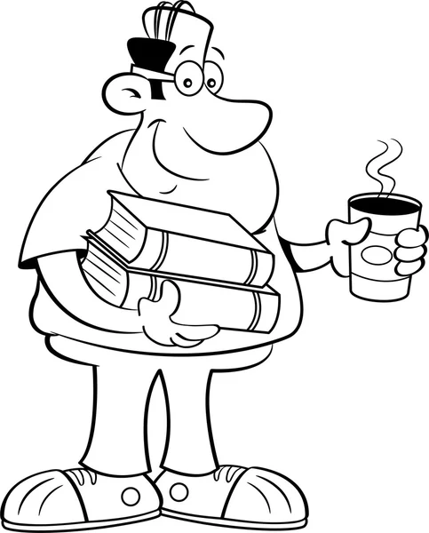 Hombre de dibujos animados sosteniendo libros y una taza de café . — Vector de stock