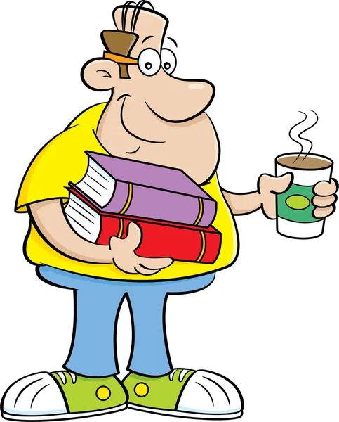 Мультфильм человек с книгами и чашкой кофе . — стоковый вектор