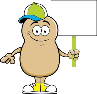 Bir işaret tutan karikatür patates.
