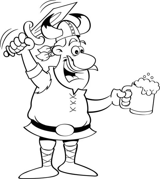 Vikingo de dibujos animados sosteniendo una espada y una taza . — Vector de stock