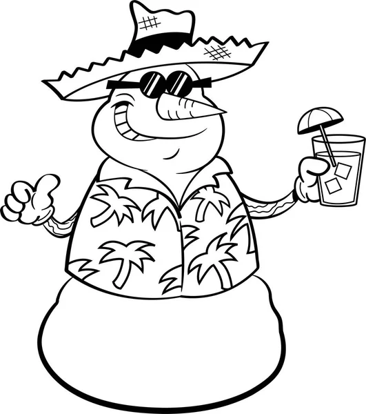 Boneco de neve dos desenhos animados usando um chapéu de palha e segurando uma bebida tropical . — Vetor de Stock