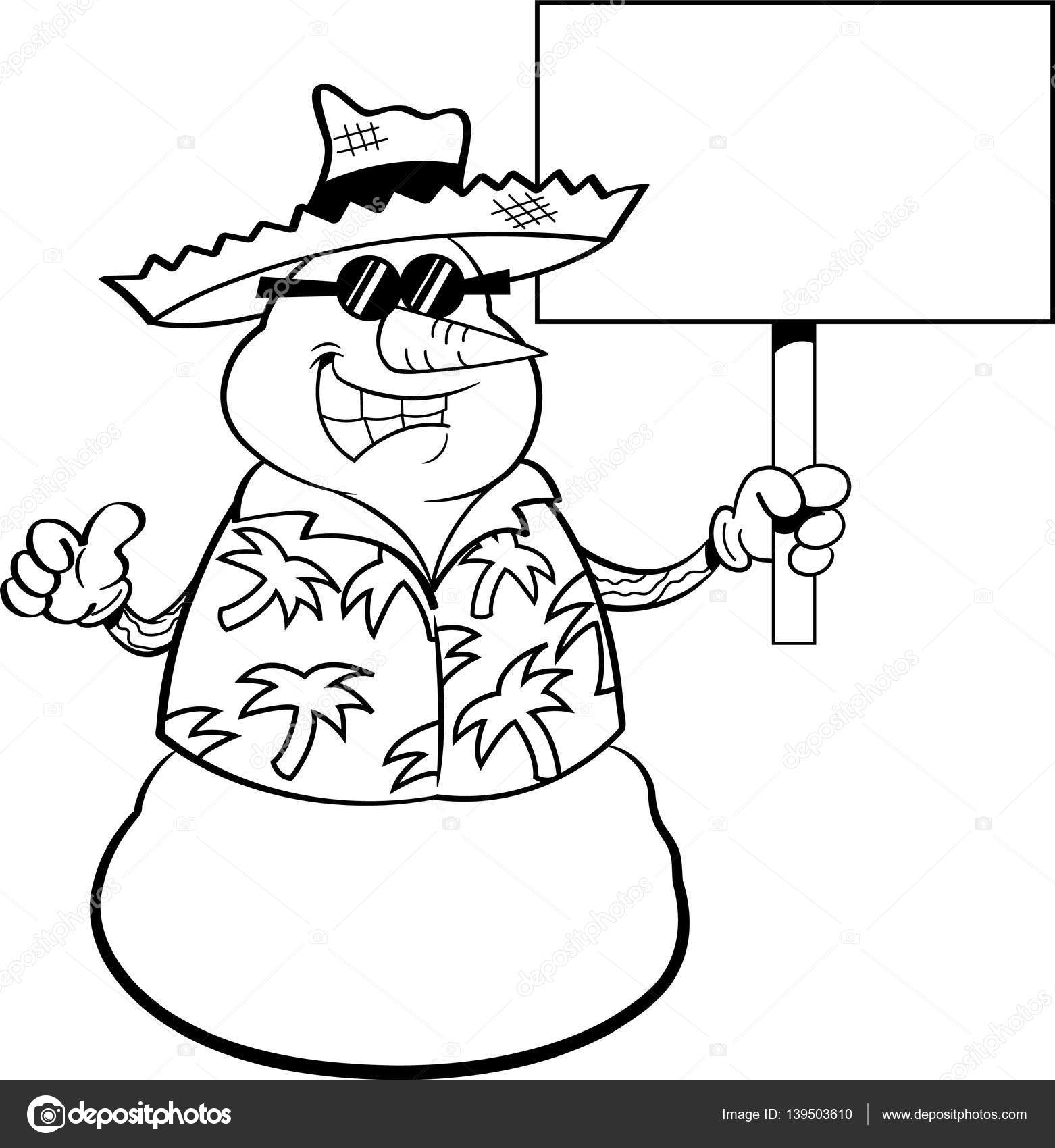 Bonhomme de neige dessin animé coiffé d un chapeau de paille et tenant une pancarte — Image vectorielle