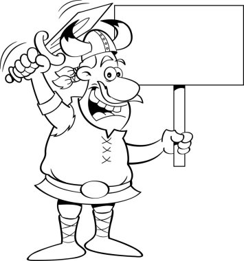 Bir kılıç sallayarak ve bir işaret tutan karikatür viking.