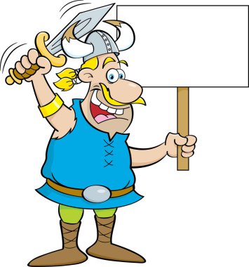 Bir kılıç sallayarak ve bir işaret tutan karikatür viking.
