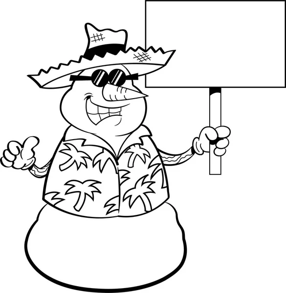 Bonhomme de neige dessin animé portant un chapeau de paille et tenant un signe . — Image vectorielle