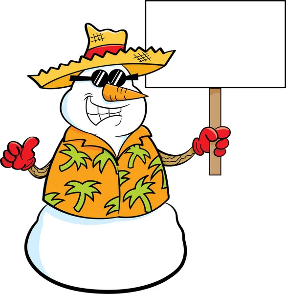 Hasır şapka ve bir işaret tutan karikatür kardan adam. — Stok Vektör
