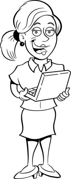 O femeie de desene animate care deține un computer laptop . — Vector de stoc