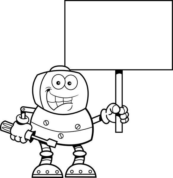 Γελοιογραφία ρομπότ κρατώντας ένα γαλλικό κλειδί και ένα σημάδι — Διανυσματικό Αρχείο