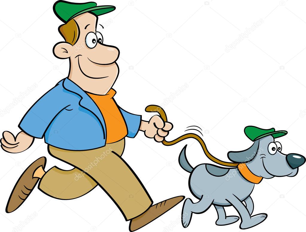 Cartoon man walking a dog.