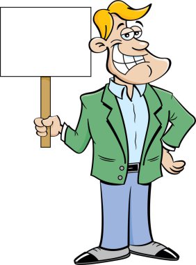 Bir işaret tutan karikatür gülümseyen adam.
