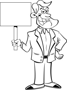 Bir işaret tutan karikatür gülümseyen adam.