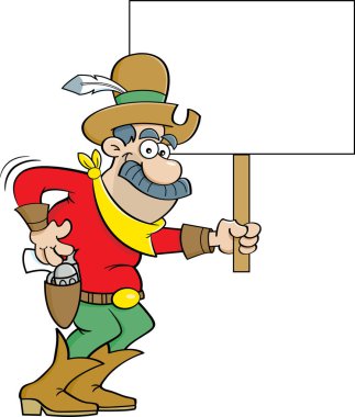 Bir işaret tutan karikatür kovboy.