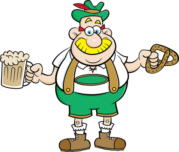 Homem dos desenhos animados segurando uma cerveja e um pretzel . — Vetor de Stock