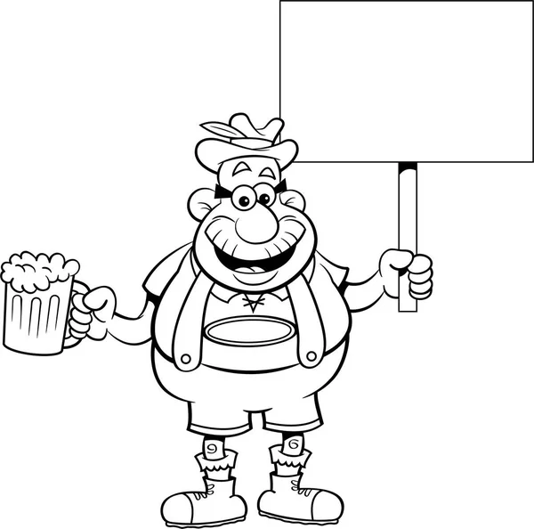 Homem dos desenhos animados segurando uma cerveja e um sinal . — Vetor de Stock