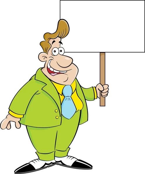 Homem dos desenhos animados em um terno segurando um sinal . — Vetor de Stock